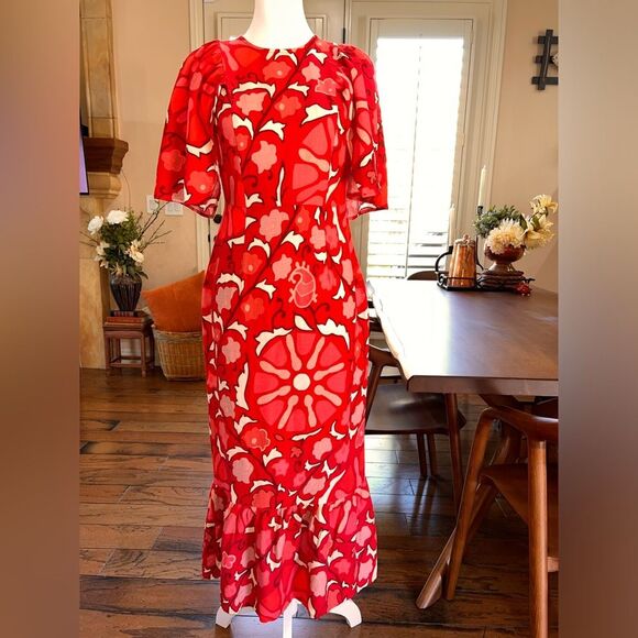Rhode x Target Red Floral Linen Blend Midi Dress Ruffle Hem Short Sleeve 4 NWT - Picture 2 of 8
